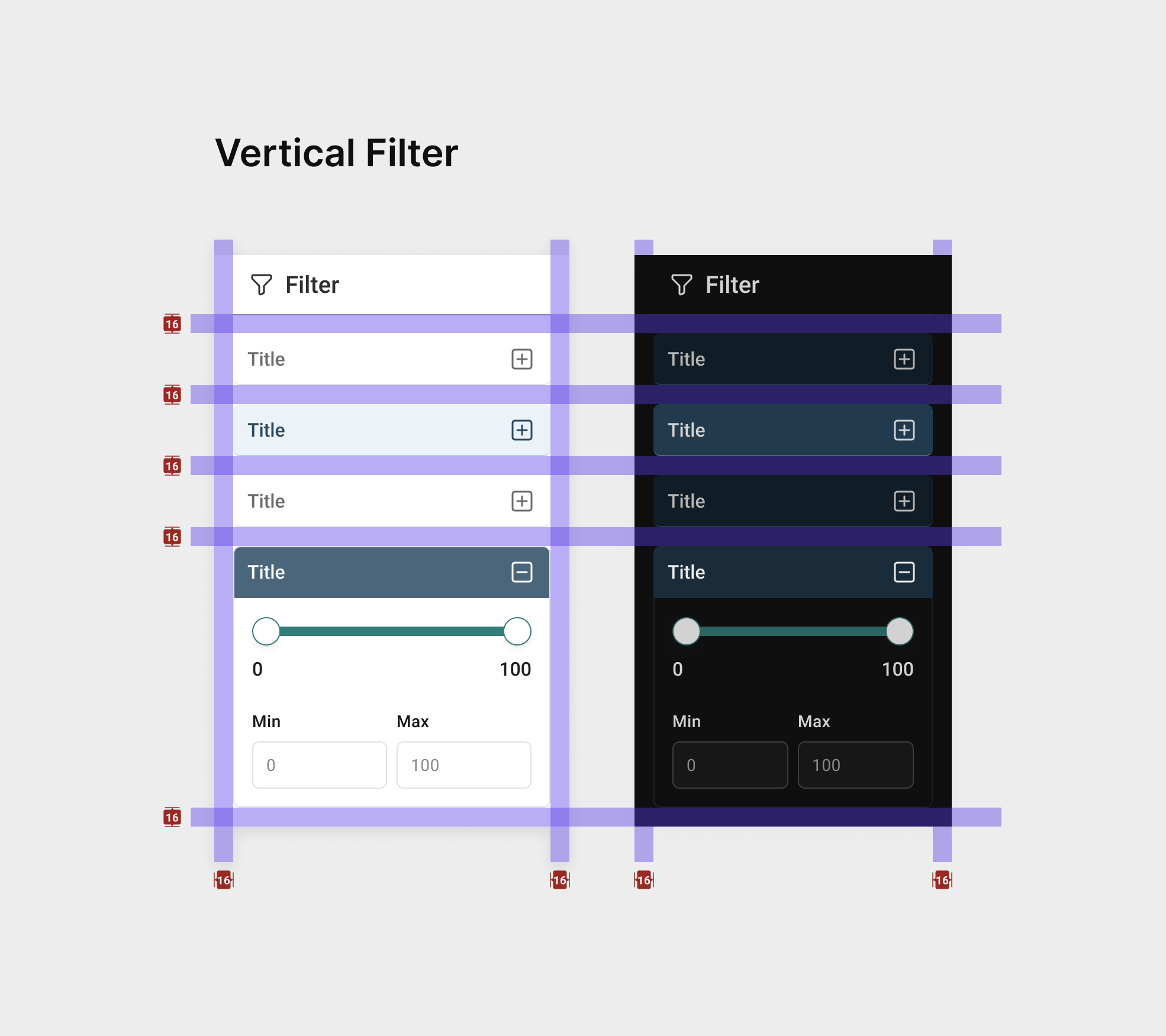 Filter panel components showing collapsed and expanded states, light and dark mode variants, with range sliders, dropdowns, search, and date pickers overlaid with spacing grid
