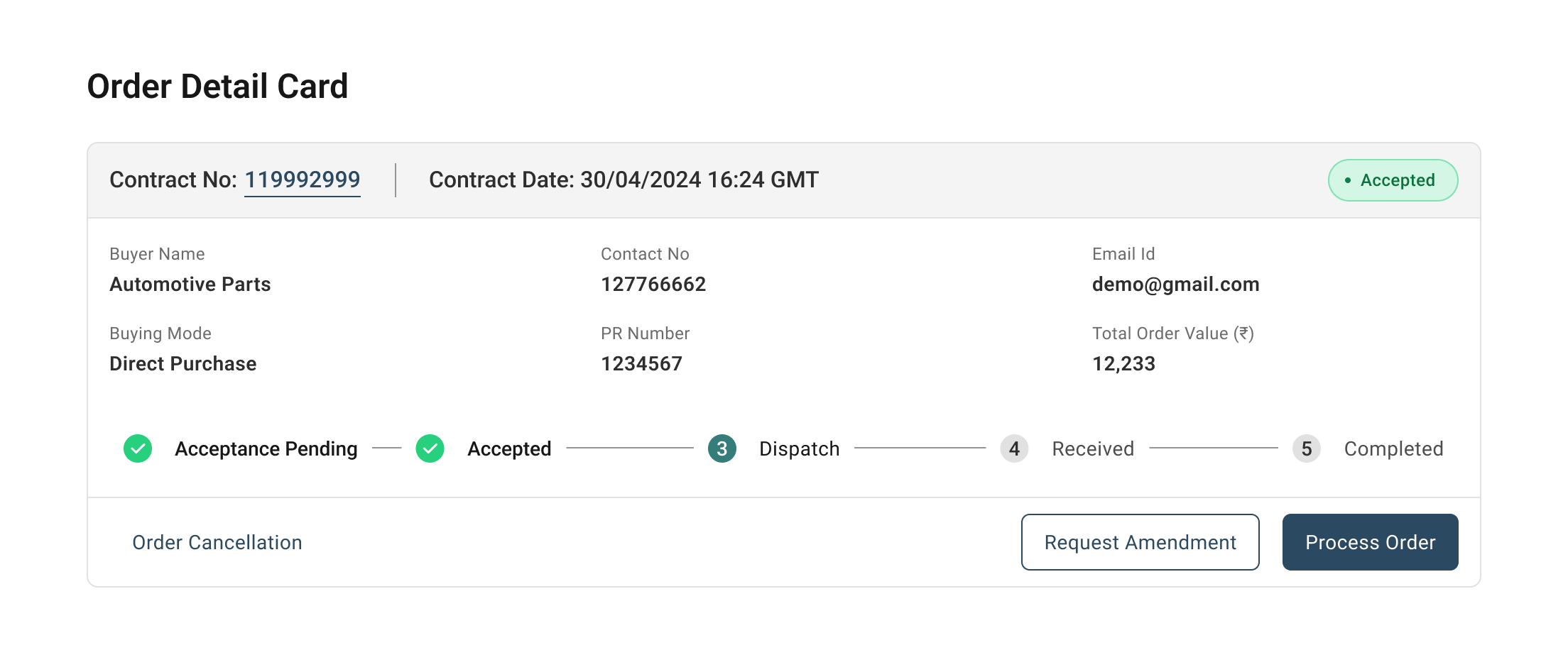 Order detail page showing buyer and seller information cards, contract details with status badges, and a multi-step progress tracker demonstrating components composed into a real product screen