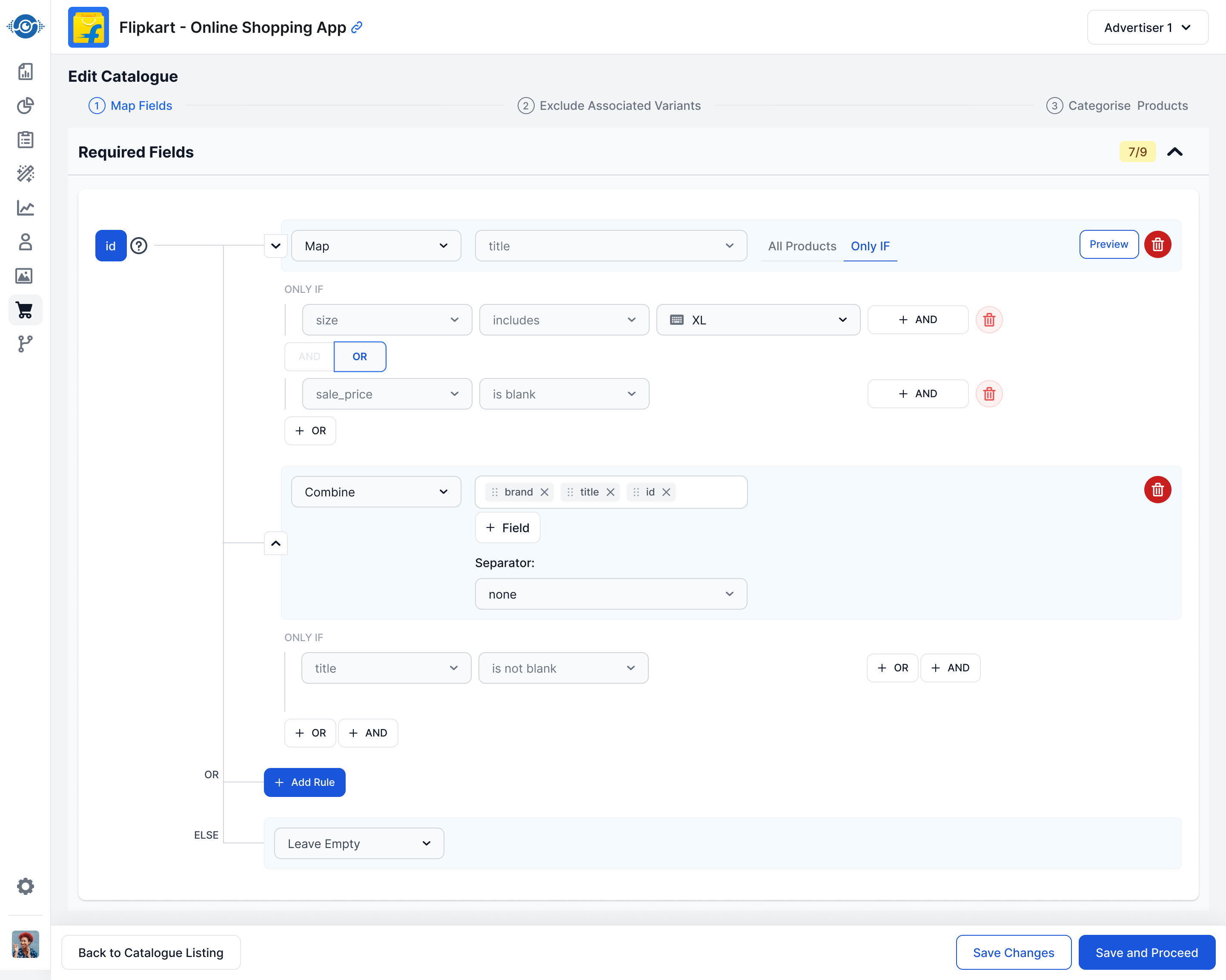 Advanced rule editor with nested conditional logic and Combine fields