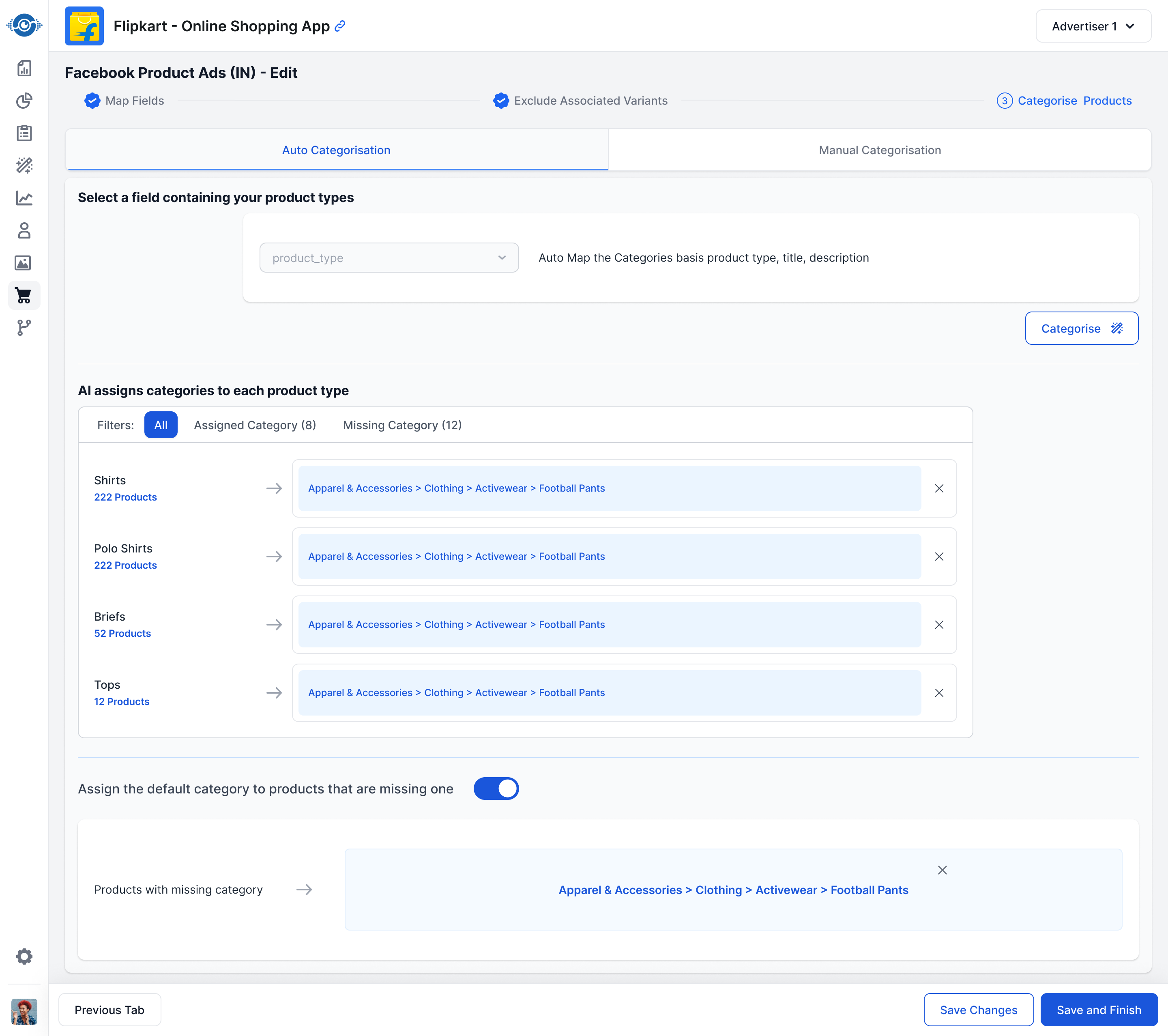 Auto Categorisation tab. AI assigns Google product taxonomy categories