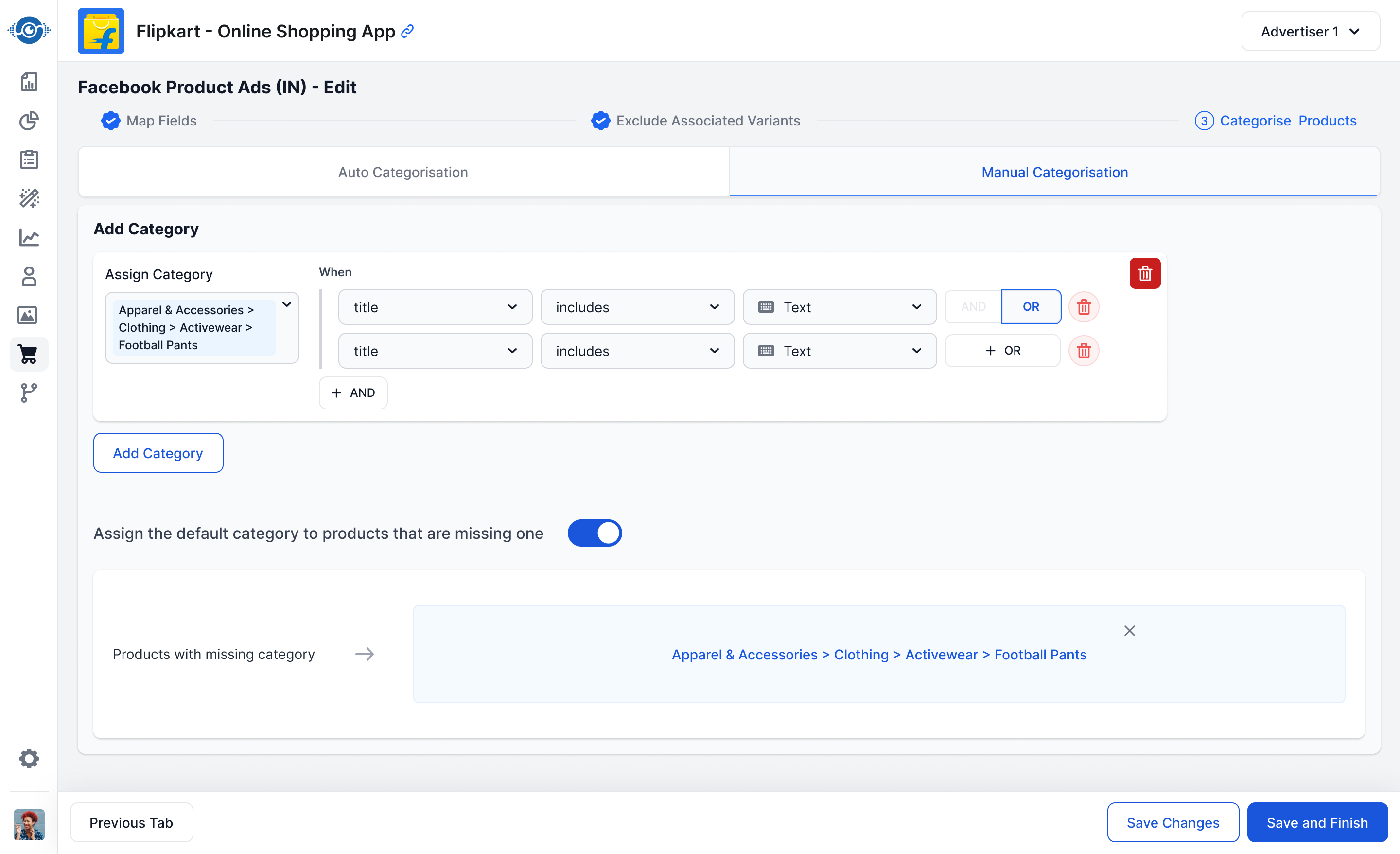 Manual Categorisation tab with custom When clauses
